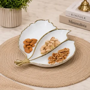 Elegant White & Gold Triple Leaf Shaped Divided Dry Fruit Serving Plate for Nuts, Snacks, Candies & Festive Table Décor
