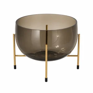 Large Grey Glass Centerpiece Bowl with Golden Stand – Modern Decorative Table Accent