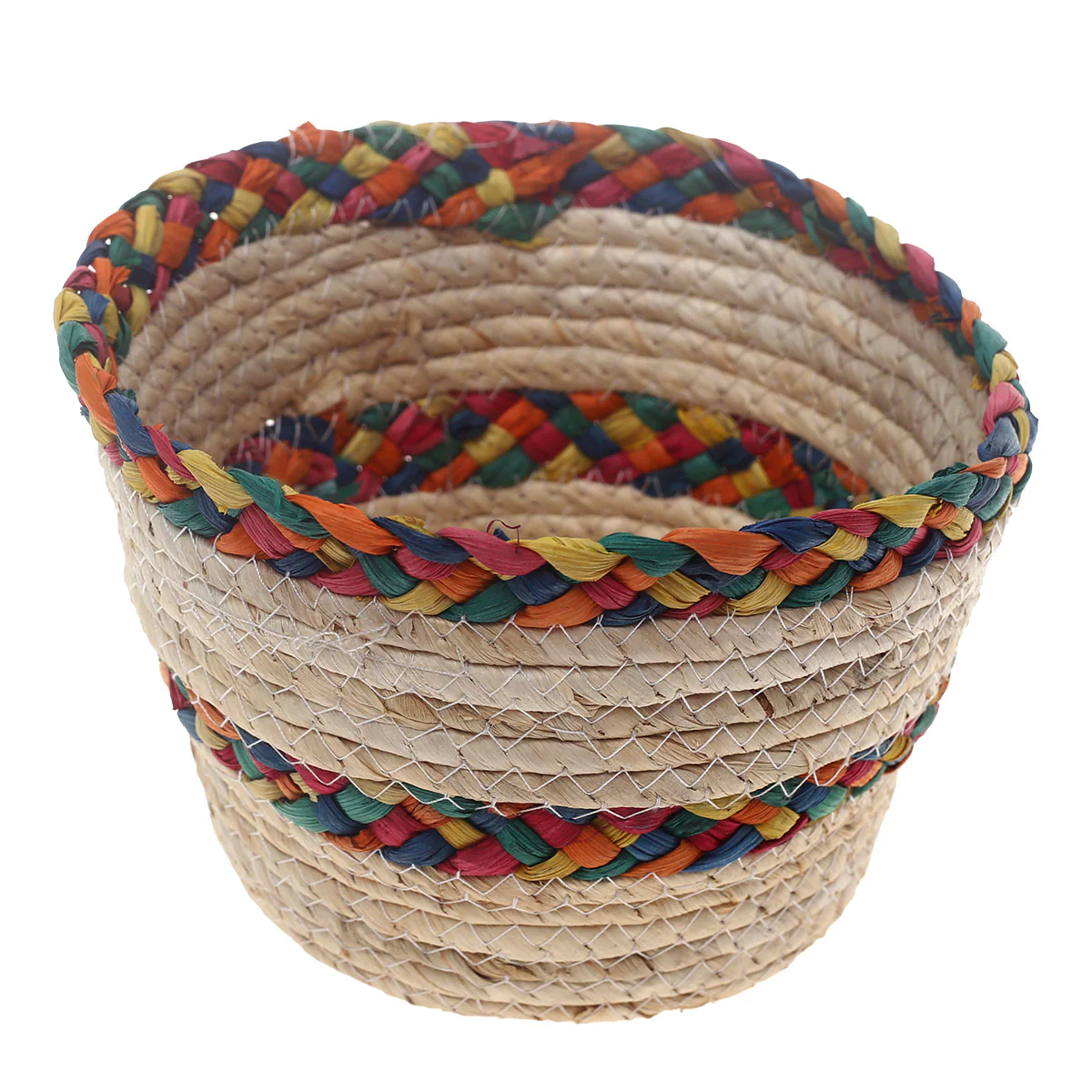Handwoven Round White Basket with Multicolor Braided Rim – Small Natural Fiber Storage Organizer - Image 2