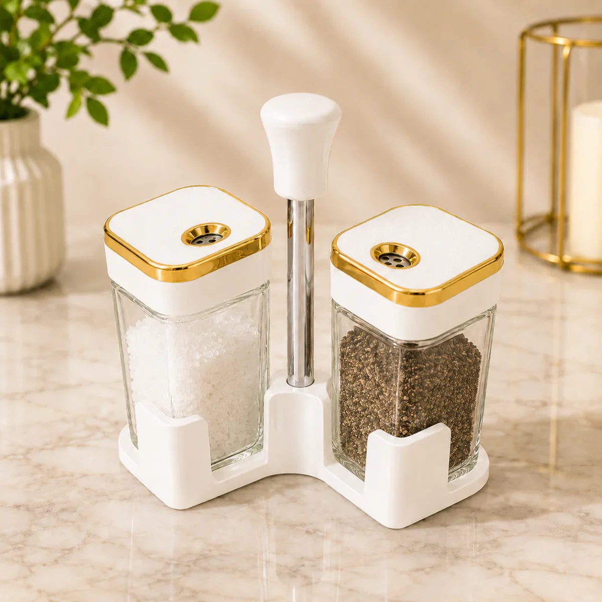 Premium 2PCS White Glass Spice Bottle Set with Stand & Gold Lid Accent
